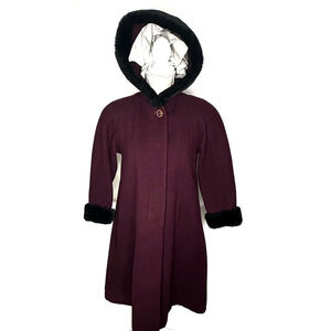 Vtg Braetan Kids Burgundy/Wine Wool Coat Girls 10 Faux Fur Trim Hooded Button